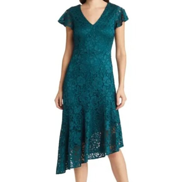 NWT Sam Edelman Women's Dark Green Asymmetrical Lace Short Sleeve Dress Size 12 - Picture 1 of 16